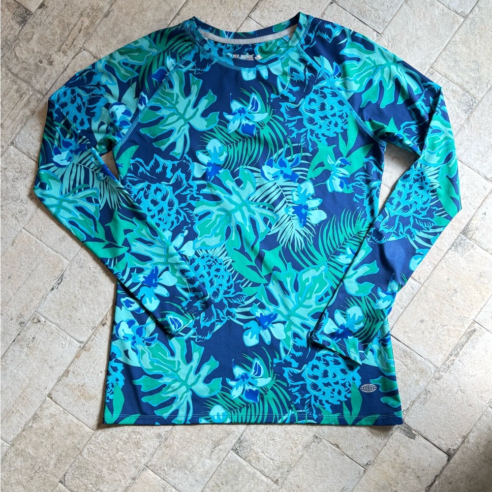 Reel Legends Blue and Green Leaf Print shirt